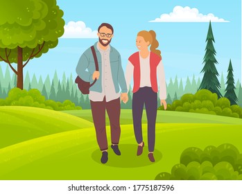 Couple walking in the forest. Smiling bearded man in glasses and happy girl holding hands walk in summer day park, romantic walk. Pleasant stroul open air on a date, active lifestyle