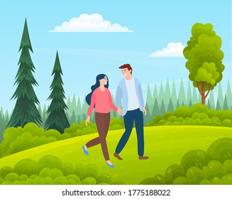 Couple walking in a forest. Young guy and girl holding hands walking in summer garden, romantic walk. Lovers man and woman met on a date outdoor. Happy promenade in the open air, active lifestyle