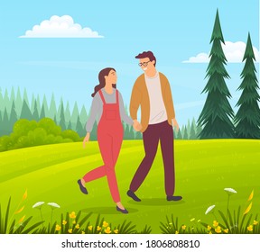 Couple walking in a forest. Young guy and girl holding hands walking in summer garden, romantic walk. Lovers man and woman met on a date outdoor. Happy promenade in the open air, active lifestyle