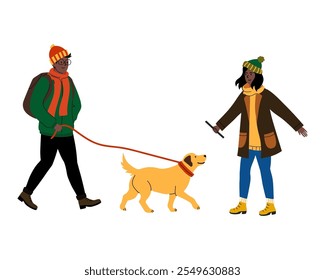 Couple walking a golden retriever dog in a park during winter