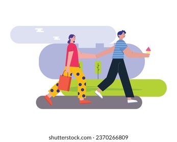 A couple is walking hand in hand in a city park, the woman holding a shopping bag and the man an with ice cream cone. Character design. Vector flat illustration