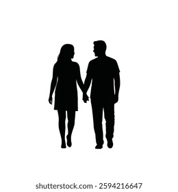 A Couple Walking Hand in Hand, Looking at Each Other Lovingly, in a Clean Silhouette Style