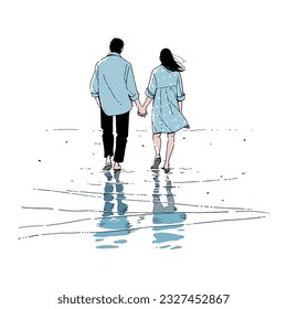 A couple walking hand in hand on a serene beach, vector illustration