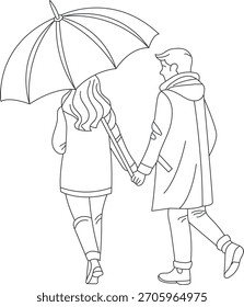 Una pareja caminando de la mano bajo una Ilustración vectorial de arte de línea de paraguas