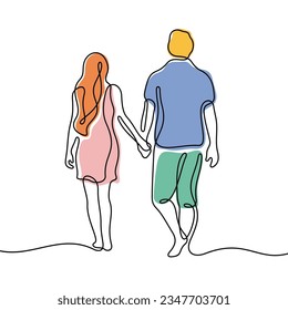 Couple walking holding hands continuous line colourful vector illustration