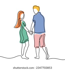 Couple walking holding hands continuous line colourful vector illustration