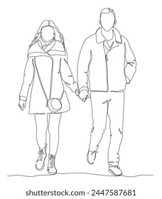 Couple walking and holding hands. Wear warm clothes. Continuous line drawing. Black and white vector illustration in line art style.