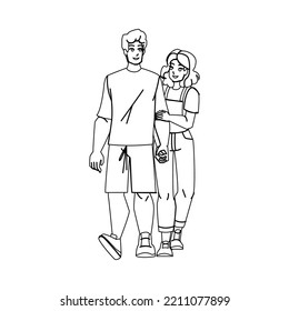 couple walking line pencil drawing vector. happy man woman, park nature, love together couple walking character. people Illustration