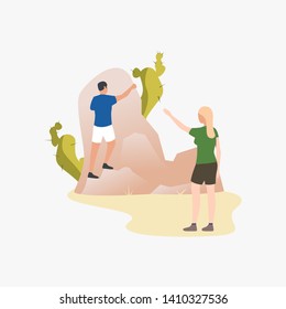 Couple walking and looking at cactuses in park in resort country. Recreation, vacation, leisure concept. Vector illustration can be used for topics like lifestyle, tourism, holiday