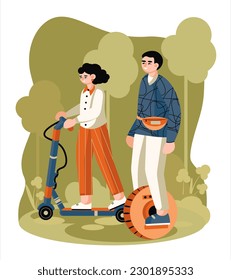 Couple is walking in nature. Riding on eco transport. Woman rides electric scooter, man rolls on unicycle. Walk without fatigue. Pleasant and fun leisure time. Care about future, environment