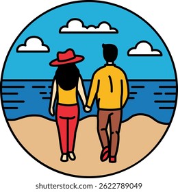 A couple is walking on the beach holding hands. The man is wearing a yellow jacket. The woman is wearing a red hat. The ocean is in the background