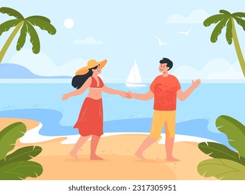 Couple walking on beach vector illustration. Happy husband and wife holding hands, enjoying vacation near sea in summer. Travel, love, relationship, nature concept