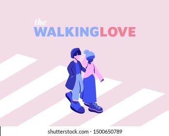 Couple walking on crosswalk with the walking love lettering, simple and clean style
