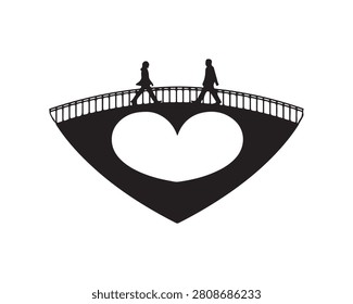 Couple walking on heart shaped bridge silhouette