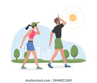 Couple walking on hot weather. Summer heat, outdoor leisure time cartoon vector illustration