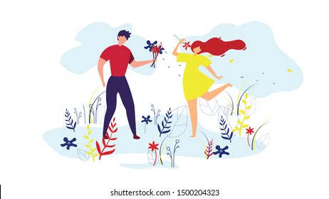 Couple Walking on Lawn Cartoon Flat Vector Illustration. Man and Woman in Love Walking in Park or Garden. Boyfriend Giving Flowers to Girl. Having Romantic Relationships. Spending Time Together.