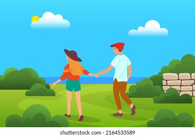 Pareja caminando a orillas del lago o río. Muchacho y muchacha cogidos de la mano caminando cerca del mar. Amantes del hombre y la mujer en cita, paseo romántico al aire libre. Paseo feliz al aire libre, estilo de vida activo