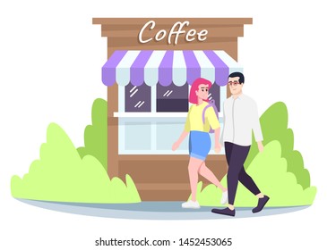 Couple walking on street flat illustration. Boyfriend and girlfriend at coffee booth isolated cartoon characters. Coffee market stall, kiosk, cafe. Coffeeshop with awning. Street shop, local store