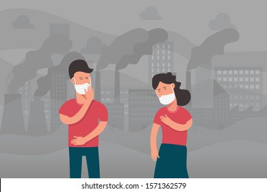 couple walking on street and wearing face masks for protecting from air smoke factory pollution, health problem, pm 2.5, dust, industrial smog, toxic city, cartoon character vector flat illustration. 