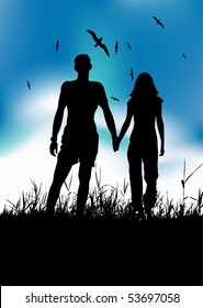 Couple walking on summer meadow, black silhouette