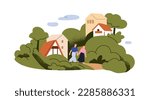 Couple walking outdoors among green trees and houses in suburbs. Man and woman strolling in suburban nature landscape in summer. Flat graphic vector illustration isolated on white background
