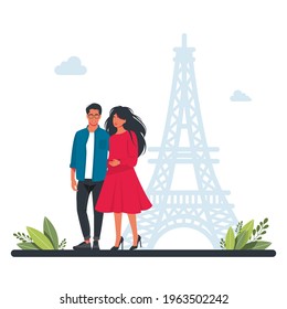 couple walking in Paris against the backdrop of the Eiffel Tower.
People Group Travel. Happy couples traveling in Europe. sights from around the world, picture for travel images, happy family travels