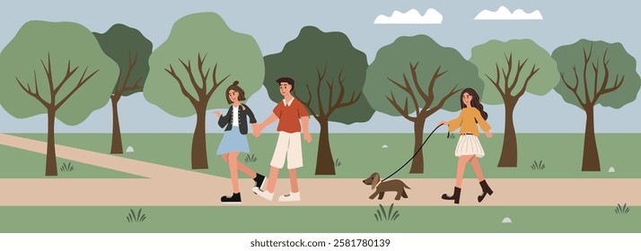 Couple walking in the park. Dating in the park. People walking with pet. Urban park. Dog walking in the parks. Doing sport. Spring season. Summer time.