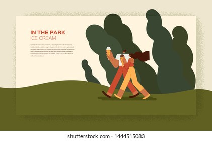 Couple walking in the park and eating ice-cream - flat vector illustration - little heads characters