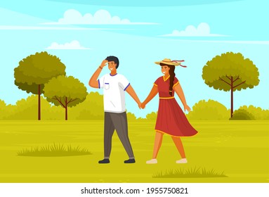 Couple walking in park. Guy and girl wearing light dress holding hands walking in summer garden