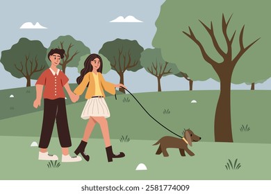 Couple walking in the park. Human and animal relationship. Hipster style. People and dog. Spring. Summer. Trees. Grass. Children book cover. Cartoon illustration. Dating with animal.