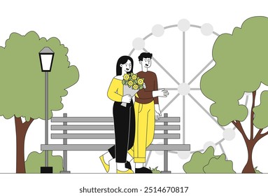 Couple walking in park. Man and woman with bouquet of flowers walk against background of bench and Ferris wheel. Romantic date in summertime. Linear vector illustration isolated on white background