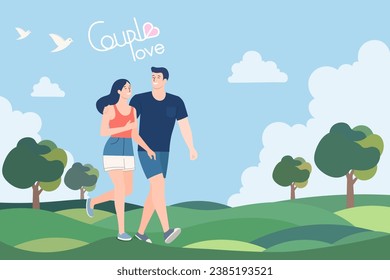 Couple walking in the park on spring or summer landscape, love and marriage Concept,married couple hikes together,hand drawn text elegant "Couple love". Love Vector illustration