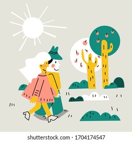 Couple walking in park, smiling man and woman lovers holding hands, couple romantic day near trees and flowers. Vector illustration in cartoon style