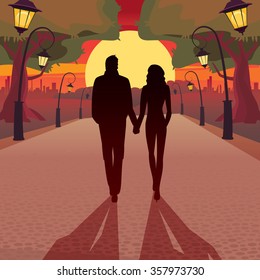 Couple walking in the park at sunset holding hands - Love concept. Vector illustration