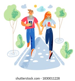 Couple walking in park using phones. People dating cartoon vector illustration. Young cute man and woman on romantic walk together holding hands. Gadget addiction concept.