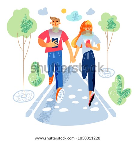 Couple walking in park using phones. People dating cartoon vector illustration. Young cute man and woman on romantic walk together holding hands. Gadget addiction concept.
