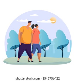 Couple walking at park. Woman and man holding hand at date. Flat or simple people at romantic rendezvous. Female and male at nature, forest or wood. Friends meeting. Dating theme