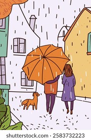 Couple walking in rain orange umbrella. Romantic rainy scene with dog colorful houses. Cozy atmosphere with falling raindrops simple lines pastel colors