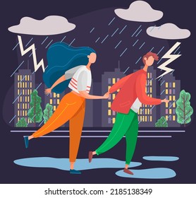 Couple Walking In Rain Without Umbrella And Wearing Casual Clothes In City Park, Thunder And Lightning In Sky. Man And Woman Spend Time Together On Rainy Day, Running Through Puddles Hurry Home