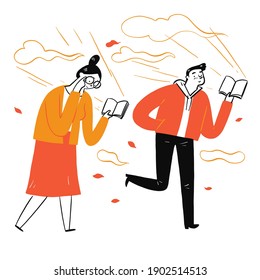 Couple walking reading a favorite book, Vector Illustration doodle style on white background