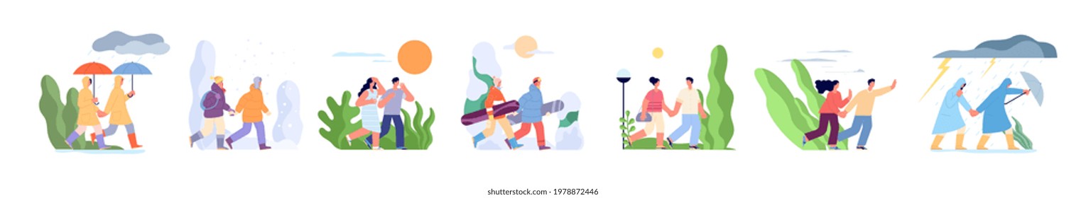 Couple walking in seasons. Autumn walk with umbrella, outdoor various weather. Rainy day, winter sport people. Summer heat season utter vector set