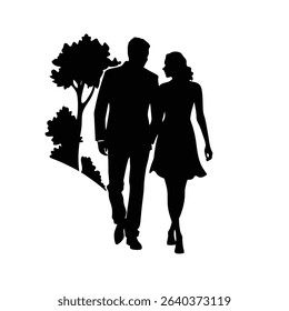 Couple Walking Side By Side Moment Silhouette Vector Art Illustration