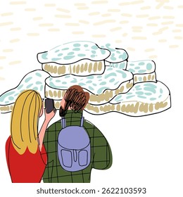 Couple walking, sightseeing in Turkey, children's style, hand drawn, line drawing, texture. Card. Vector illustration.