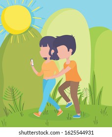 couple walking with smartphone in the field foliage nature healthy lifestyle vector illustration
