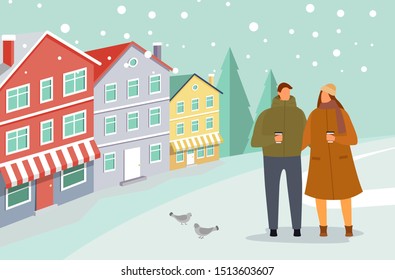 Couple walking in snowy town together vector. Man and woman drinking coffee, love relationship. People in warm clothes, winter illustration. Cityscape on background, snowflakes falling on ground