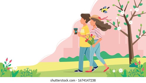 Couple walking in spring holding flowers and coffee cup. Cute vector illustration in flat style.