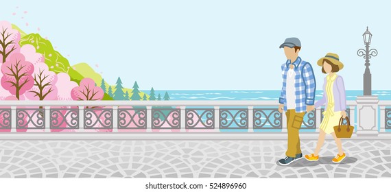Couple walking in Spring nature