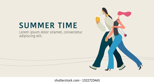 Couple walking in the street during summer vector illustration, banner. Modern hipster woman and man drinking coffee on isolated background 