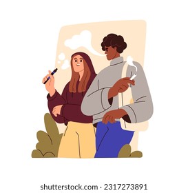 Pareja caminando por la calle y fumando. Joven con cigarrillo y cig, hablando entre ellos. Personas adictas a la nicotina, amigos fumadores. Ilustración vectorial plana aislada en blanco