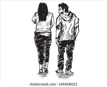 A couple is walking and talking, hand draw sketch